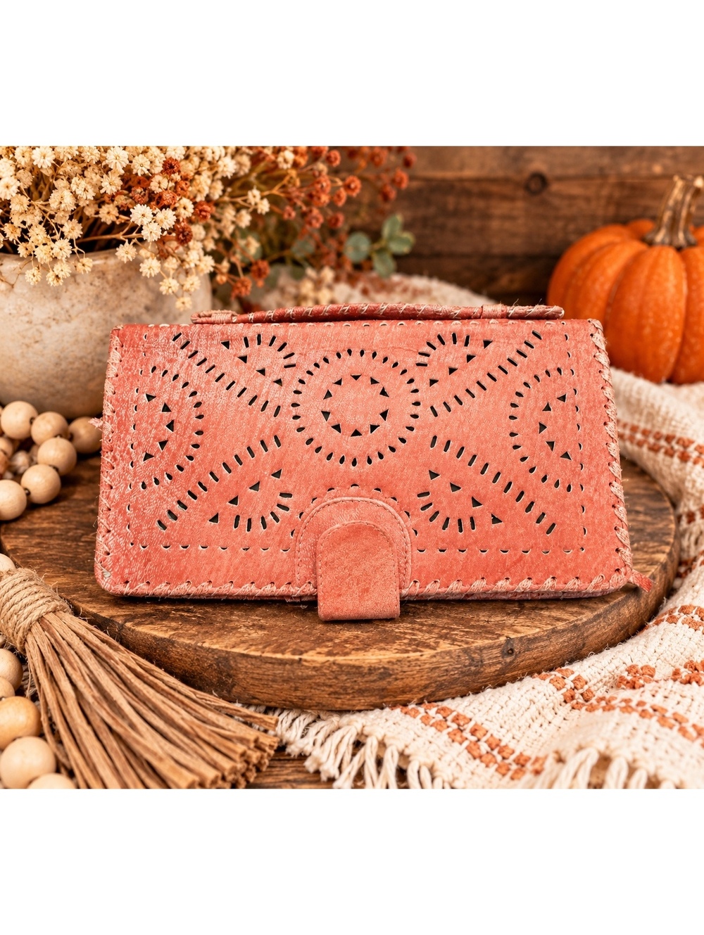 Cleobella Mexicana Coral Pink Hand Tooled Leather Clutch Wallet Wristlet